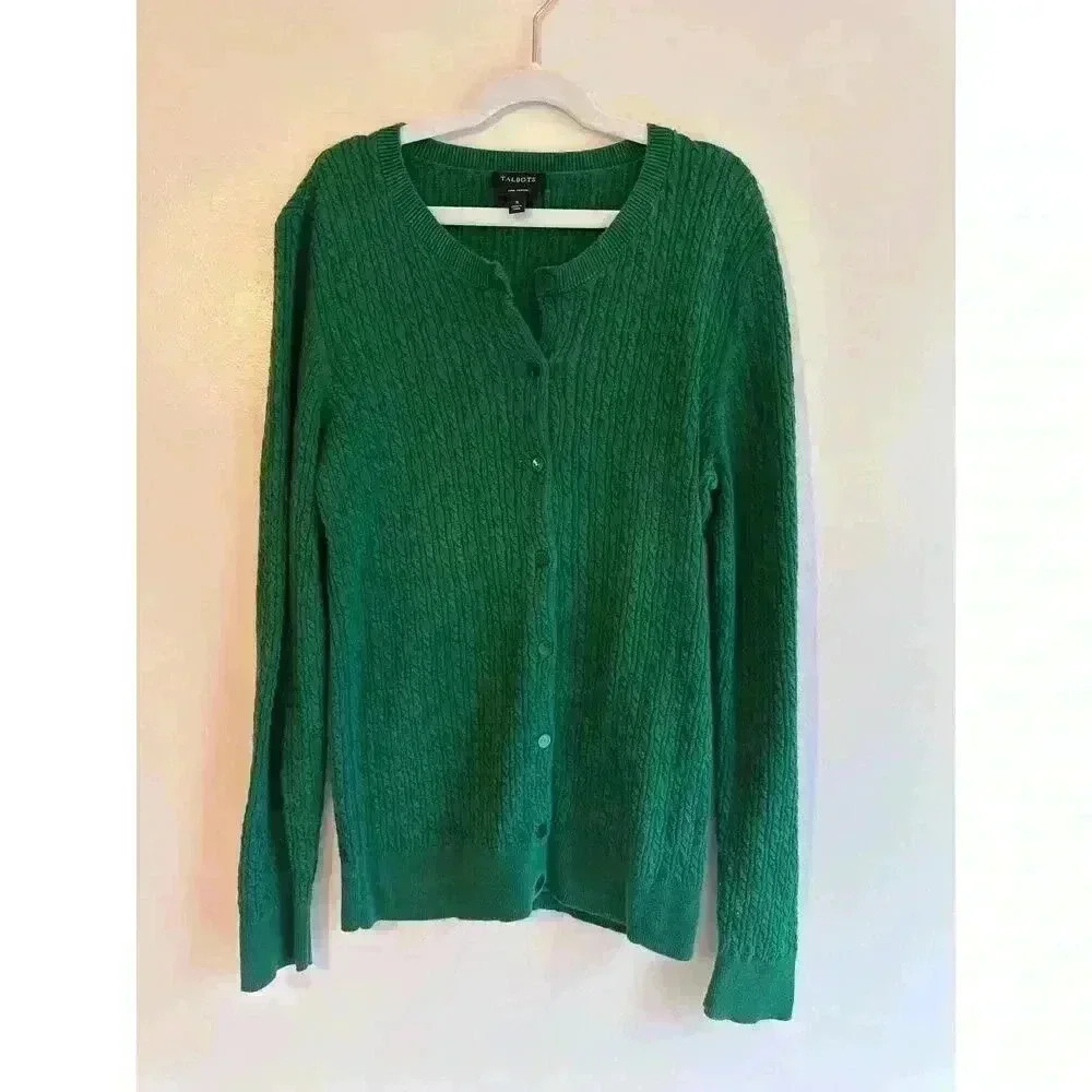 Talbots 100% Pima Cotton Emerald Cable Knit Cardigan Size Small